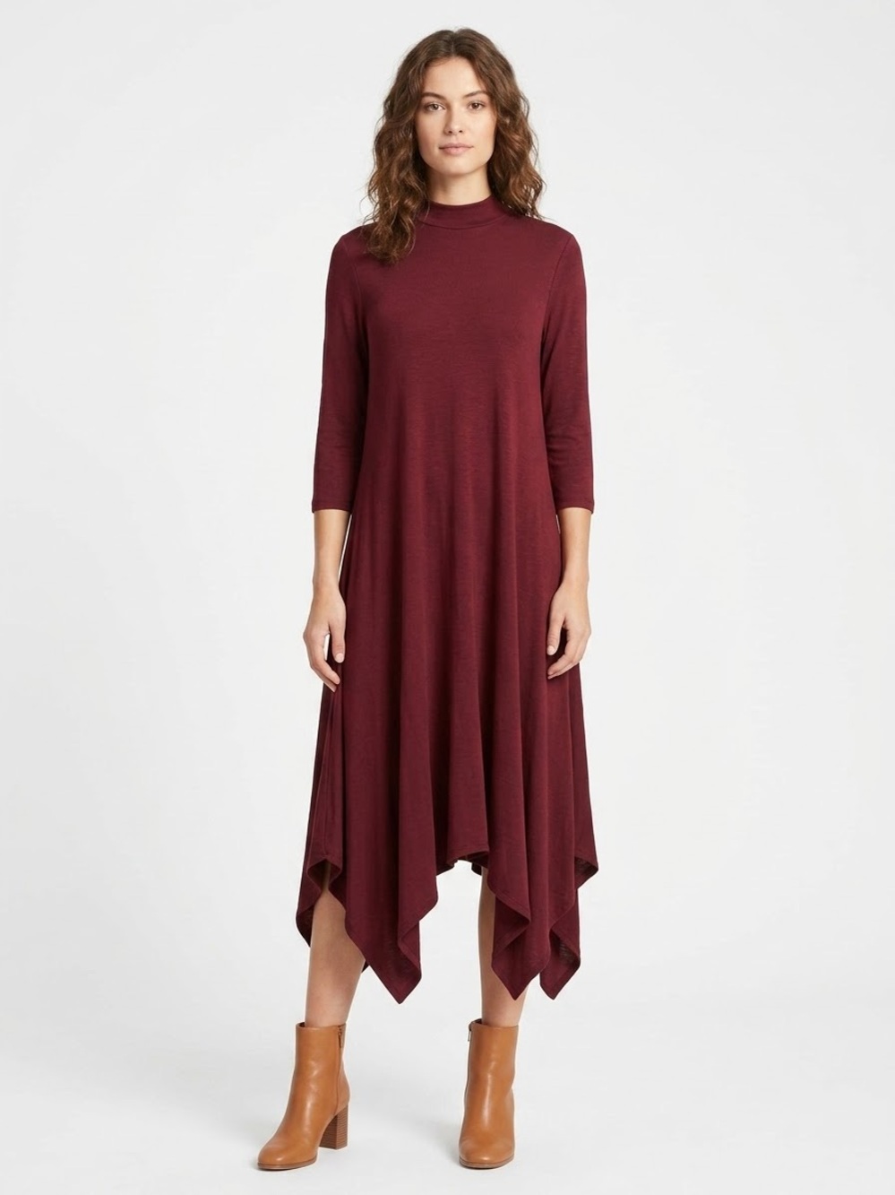 French Atmosphere Burgundy Asymmetrical Hem Mock Neck Dress Stretchy Cottony